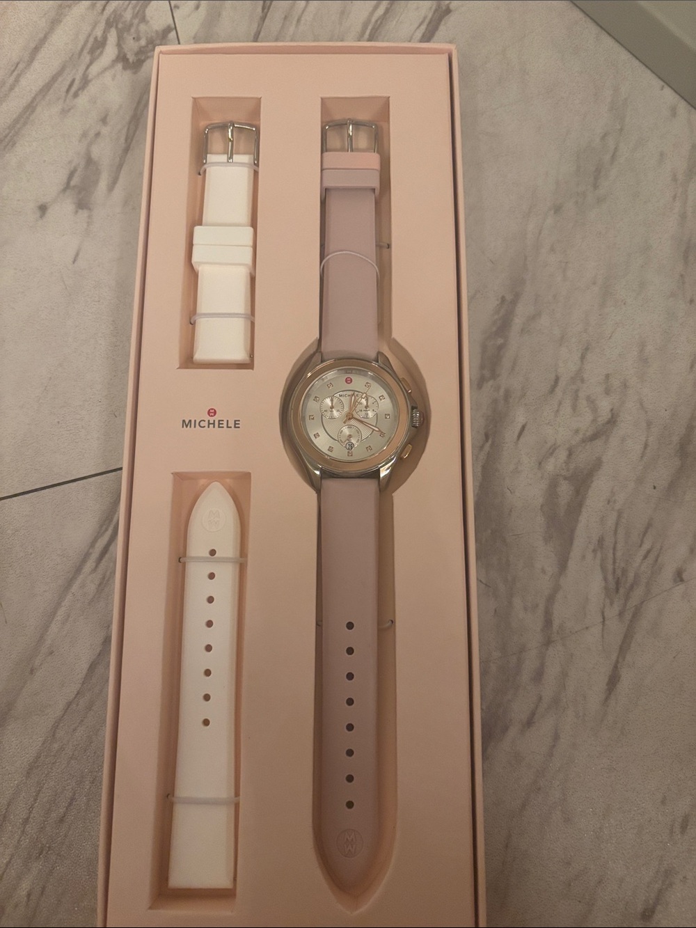 Michele Pink Silicone Strap Watch with White Interchangeable Band